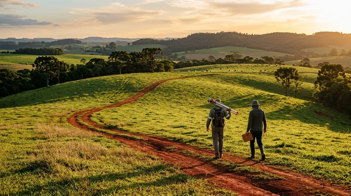 Estrada de terra vermelha cortando pastagem no Norte do Paraná ao entardecer