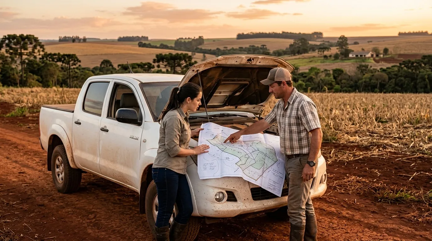 Dois profissionais analisando o mapa de uma propriedade rural sobre o capô de uma caminhonete